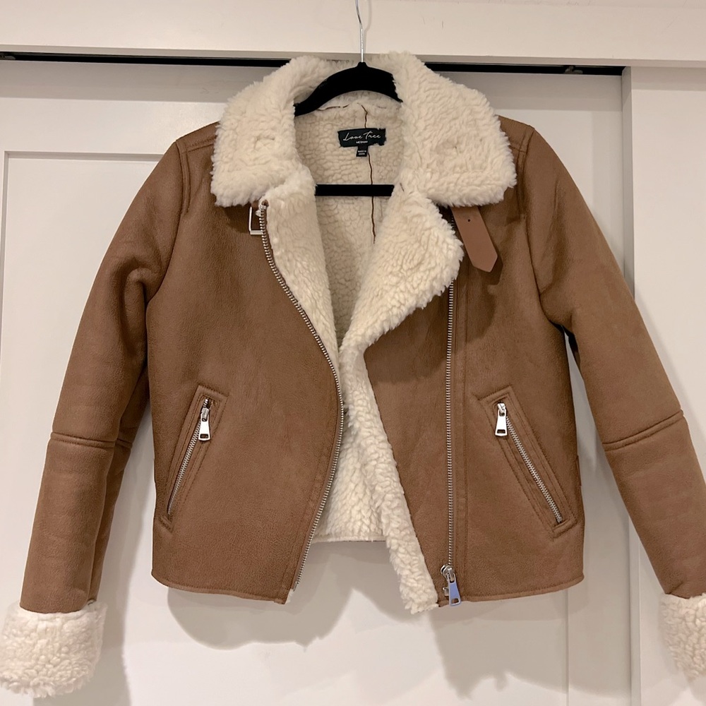 Love Tree Brown Bomber Jacket with Cream Accents